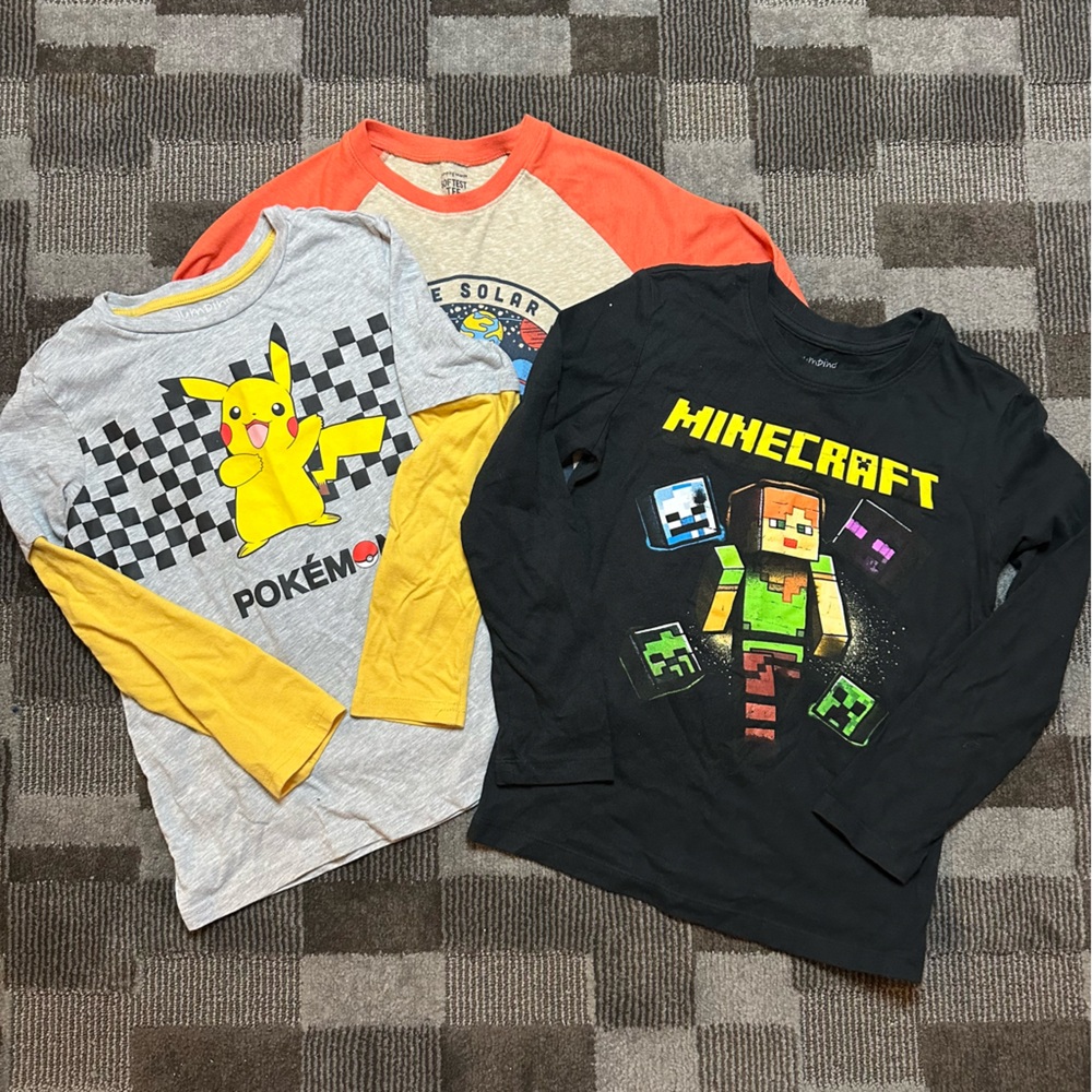 Minecraft and Pikachu Kids long sleeve t-shirt bundle size 8